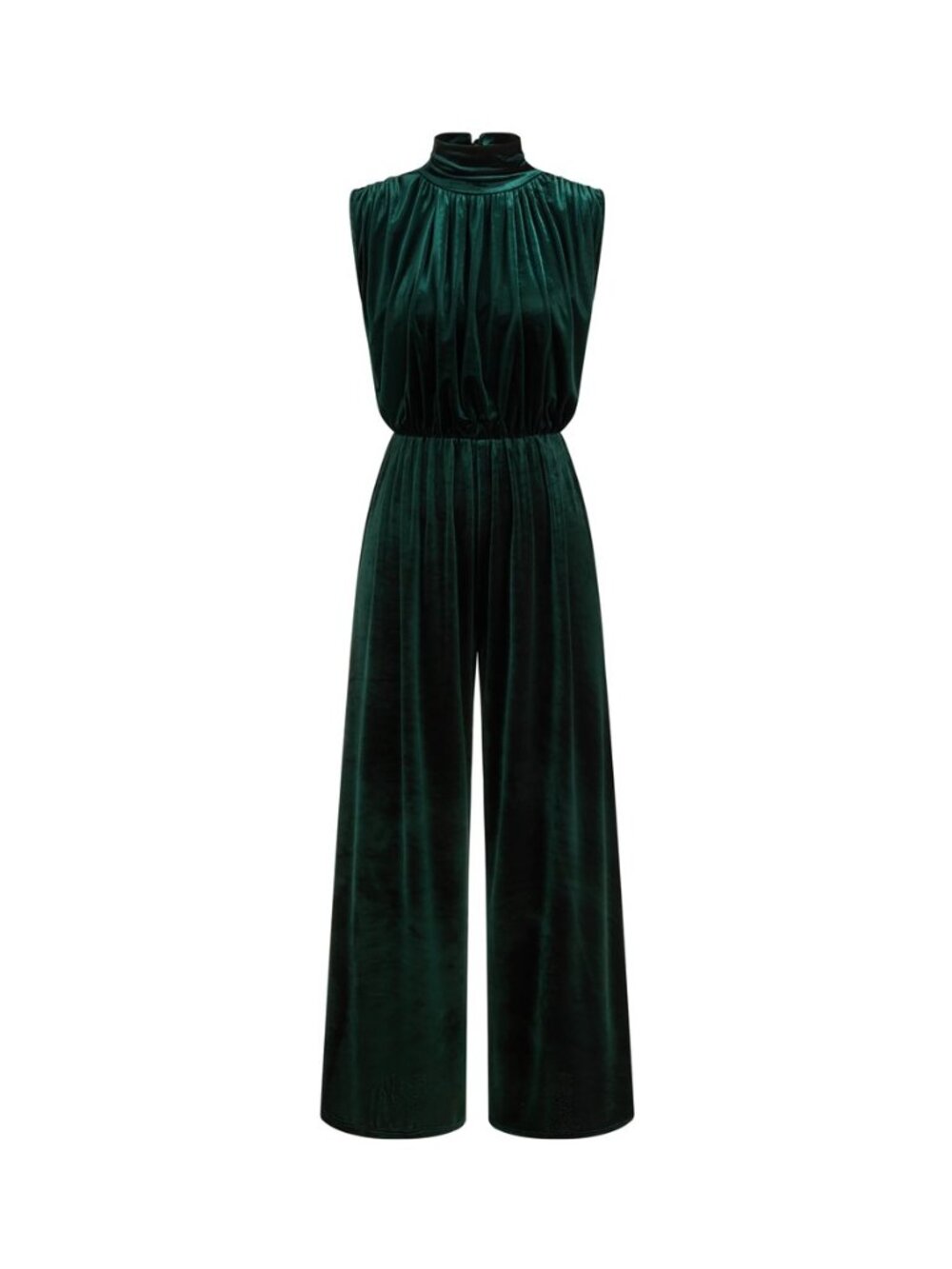 Velvet Jumpsuit High Neck Ruched - Women Dressy Wide Leg One Piece Evening